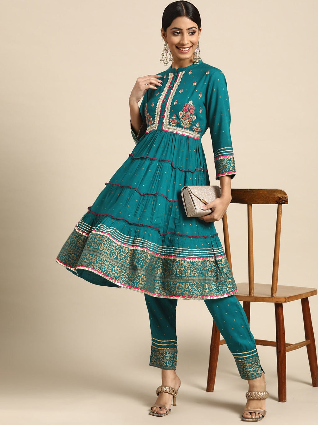 Sangria Women Teal Green & Golden Floral Embroidered Kurta with Trousers | Grocsy