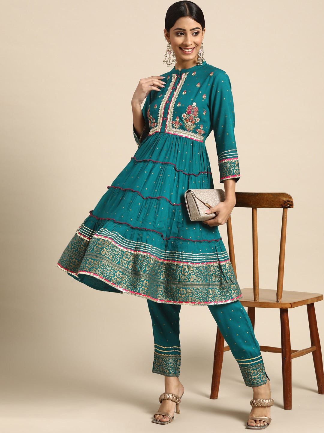 Sangria Women Teal Green & Golden Floral Embroidered Kurta with Trousers | Grocsy