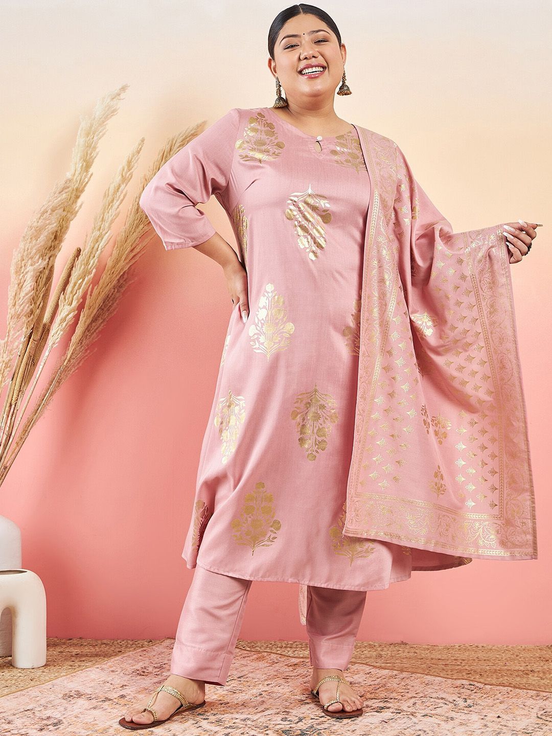 Sztori Floral Printed Keyhole Neck Straight Kurta With Trouser & Dupatta | Grocsy