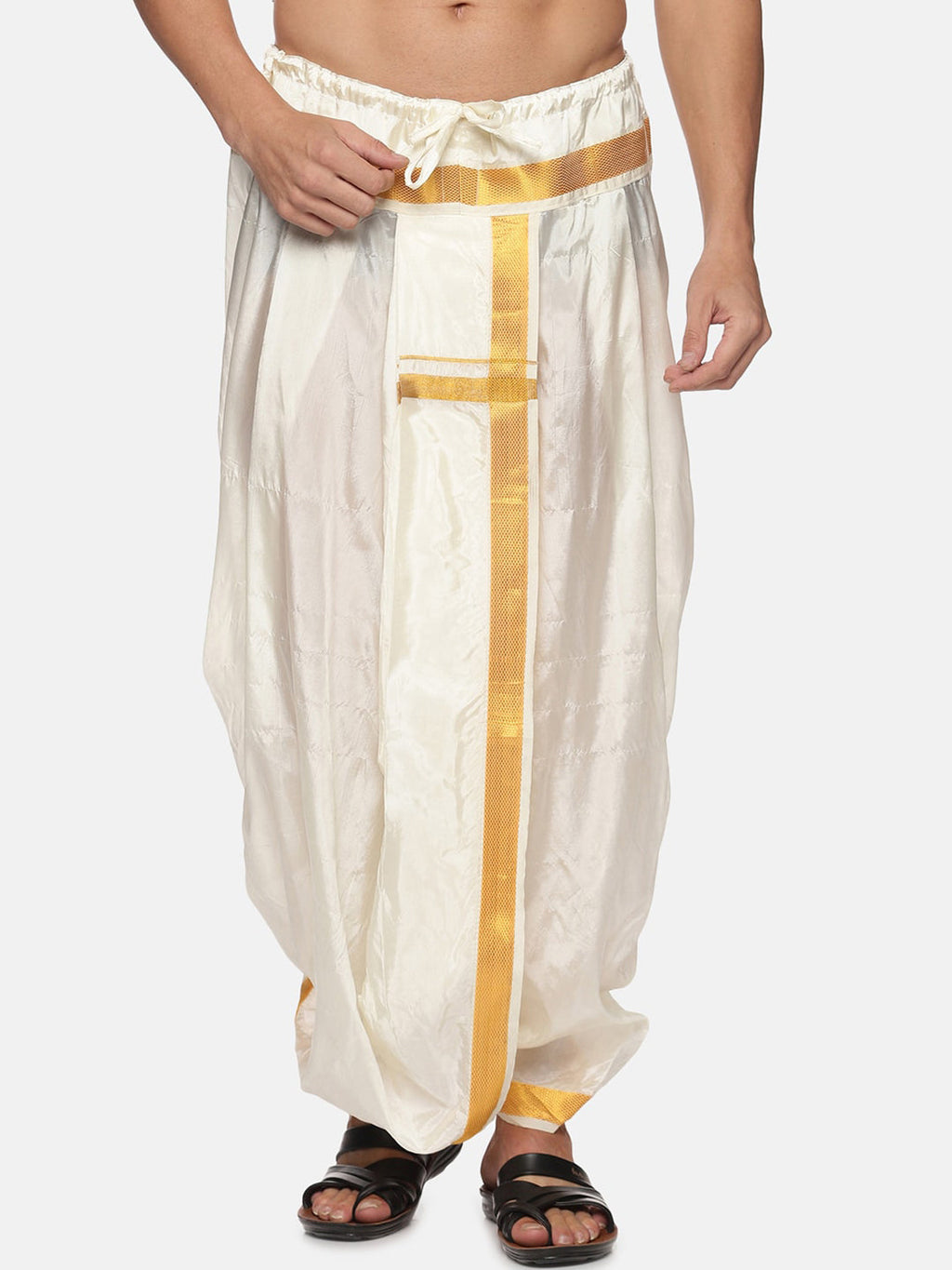 Sethukrishna Men Cream-Coloured & Gold-Coloured Solid Art Silk Dhoti Pants | Grocsy