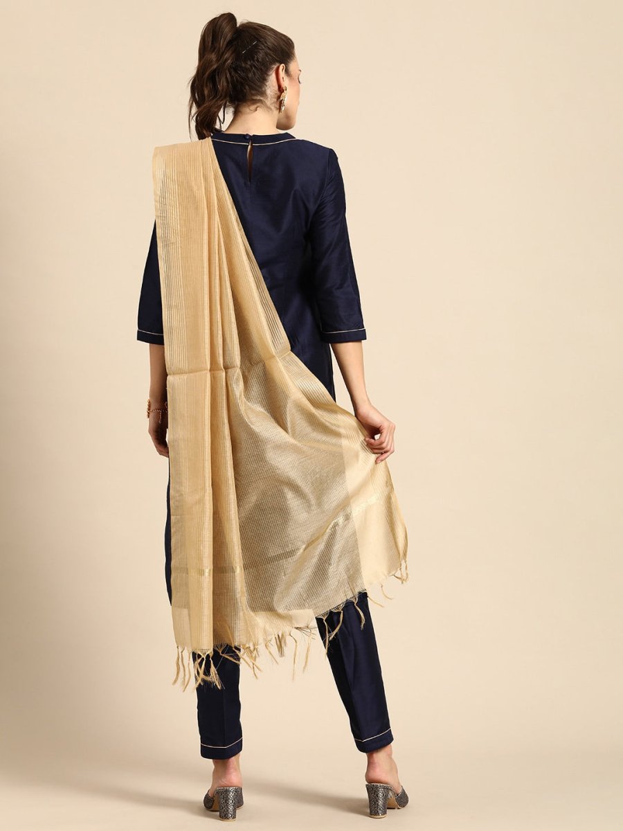 All About You Women Navy Blue Floral Thread Work Kurta with Trousers & With Dupatta | Grocsy