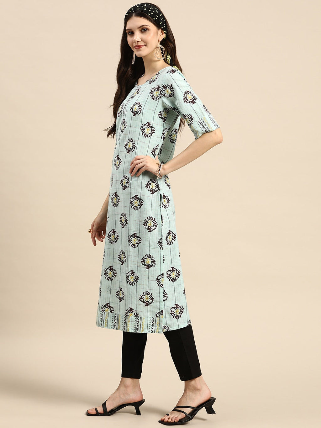 Sangria Women Blue & Brown Ethnic Motifs Printed Kurta | Grocsy