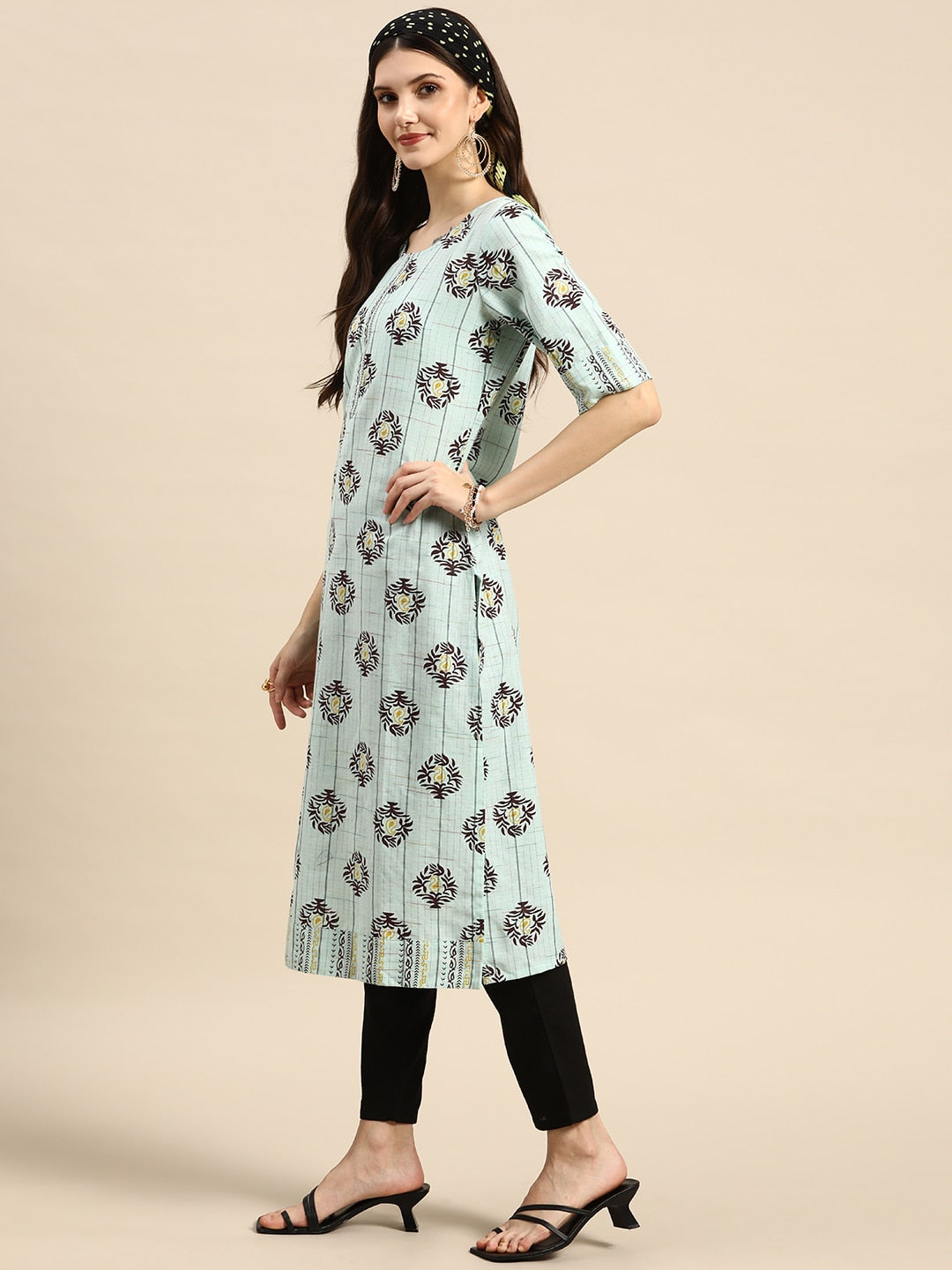 Sangria Women Blue & Brown Ethnic Motifs Printed Kurta | Grocsy