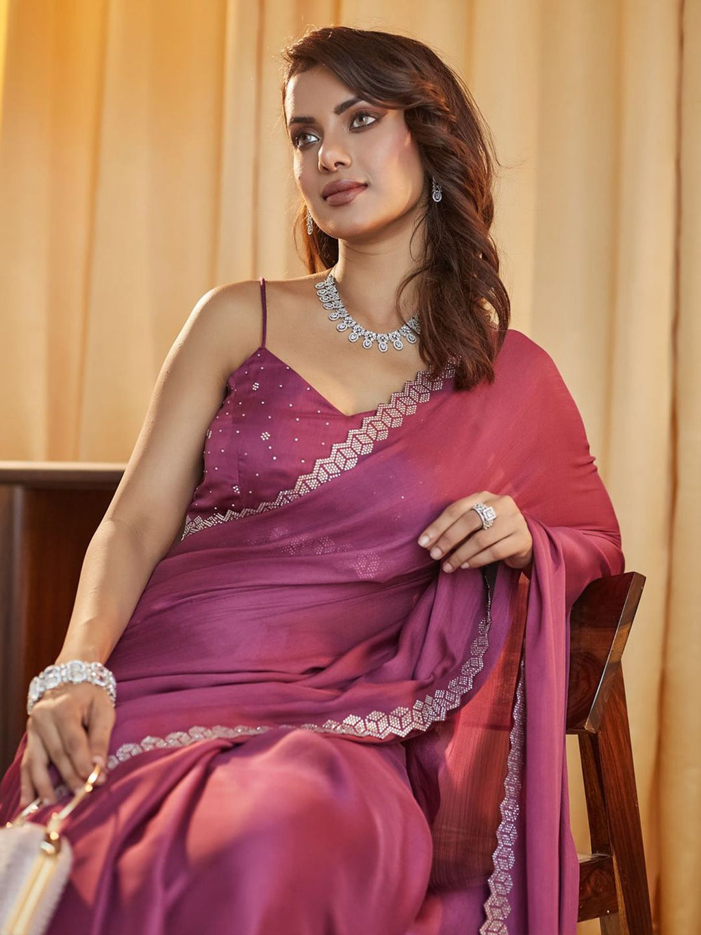 kasee Beads and Stones Pure Chiffon Saree | Grocsy