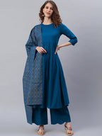 Janasya Women Blue Printed Pure Cotton Anarkali Kurta & Palazzos With Dupatta | Grocsy