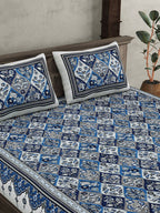 JAIPUR FABRIC Festival Waves Blue & White Cotton 210 TC Queen Bedsheet & 2 Pillow Covers | Grocsy