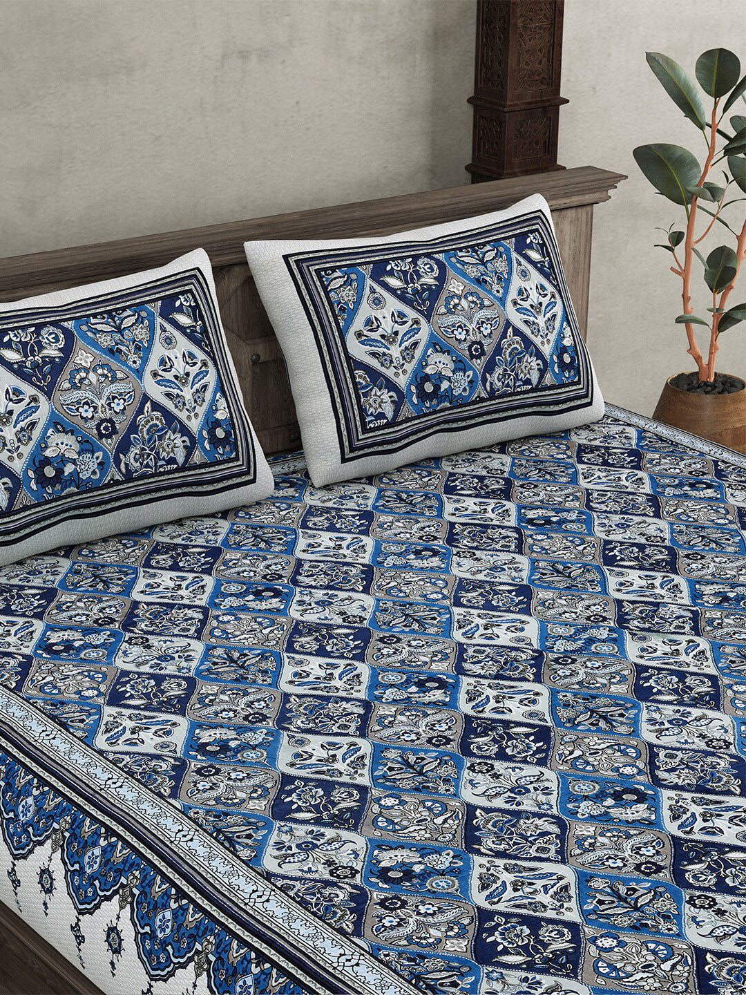 JAIPUR FABRIC Festival Waves Blue & White Cotton 210 TC Queen Bedsheet & 2 Pillow Covers | Grocsy
