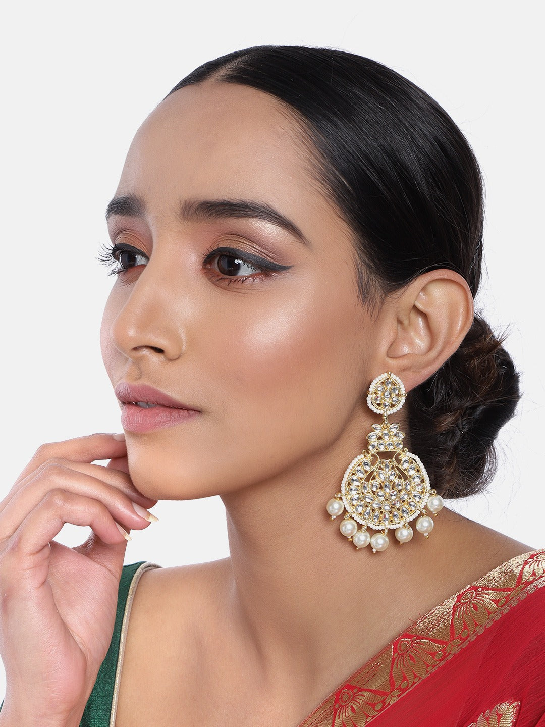 Gold-Polished Traditional Beaded Chandbali Earrings Glided with Kundans and Pearls For Women/Girls - Wahe Jewels - Swadesiicart
