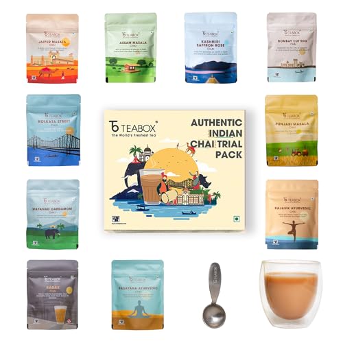Teabox Premium Authentic Indian Spiced Chai Tea Trial Pack, 10 Exotic Varieties of Chai, 30G Each, 100% Real Ingredients. No Artificial Flavors | Crafted in Small Batches | Grocsy