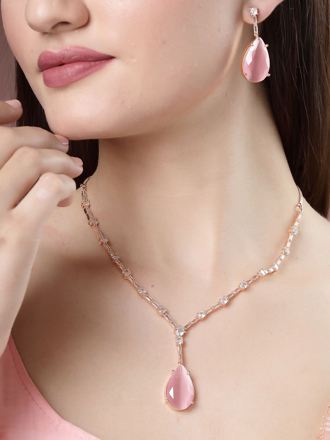 NVR Women's Rose Gold Artificial Stones Studded Handcrafted Jewellery Set | Grocsy