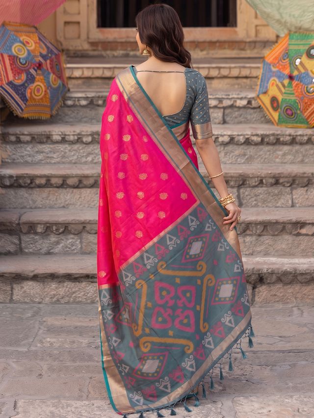 Shree Shyam Fashion Rani Pink & Grey Woven Work Soft Silk Fabric Festive Wear Saree With Blouse | Grocsy
