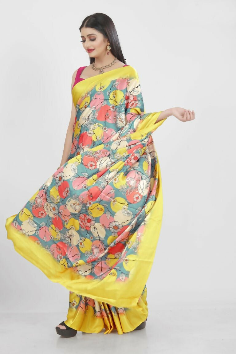 Aayaa Designer Printed Satin Saree - Multi Color | Grocsy