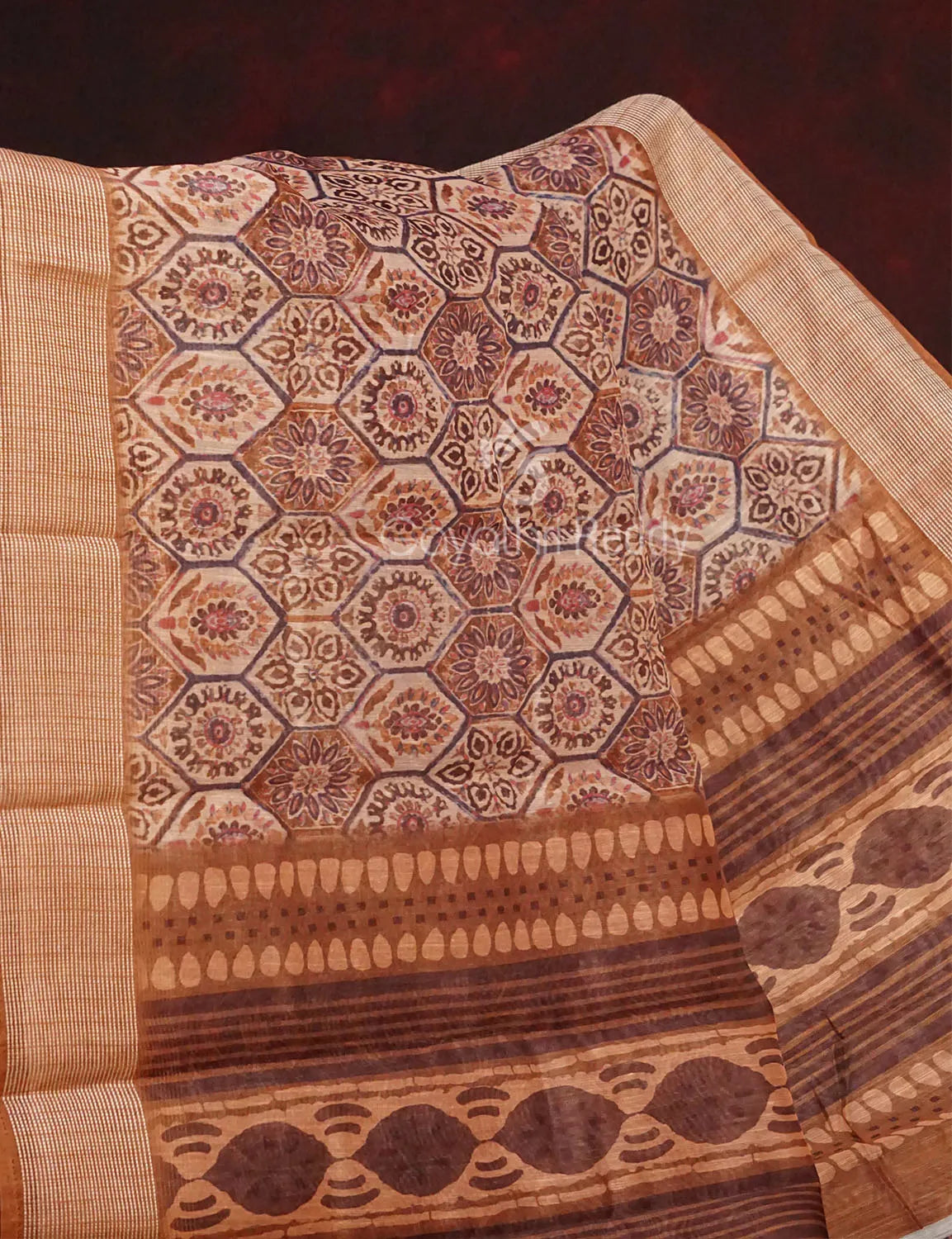 Wheat Colour All Over Print Semi Chanderi Saree By Gayathri Reddy Designer Studio | Grocsy