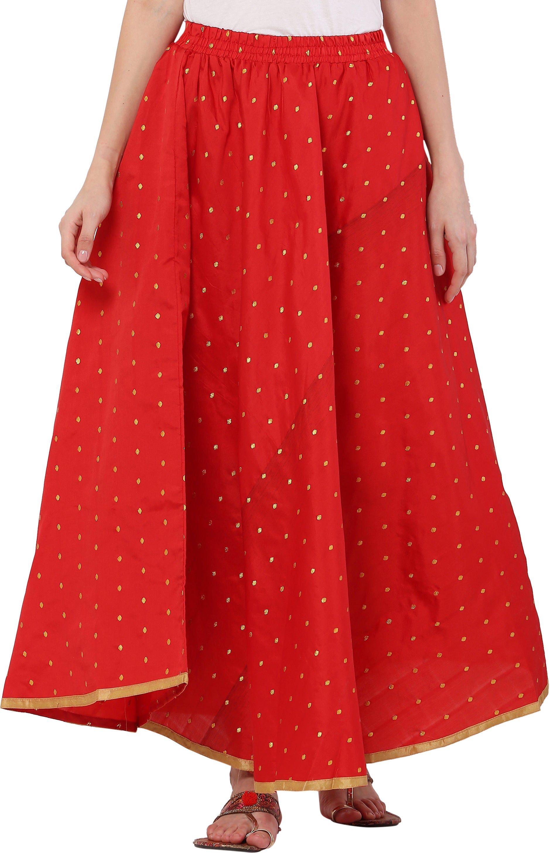 PAVONINE Red Color Golden Zari Work Satan Fabric Maxi Skirt For Women | Grocsy