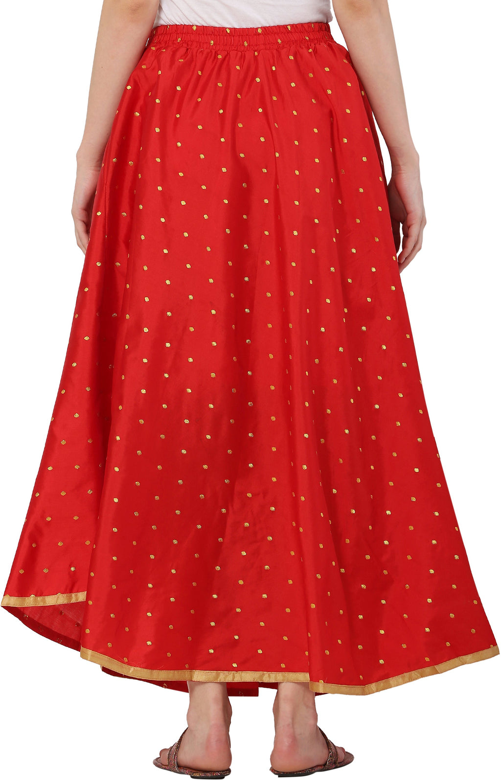 PAVONINE Red Color Golden Zari Work Satan Fabric Maxi Skirt For Women | Grocsy