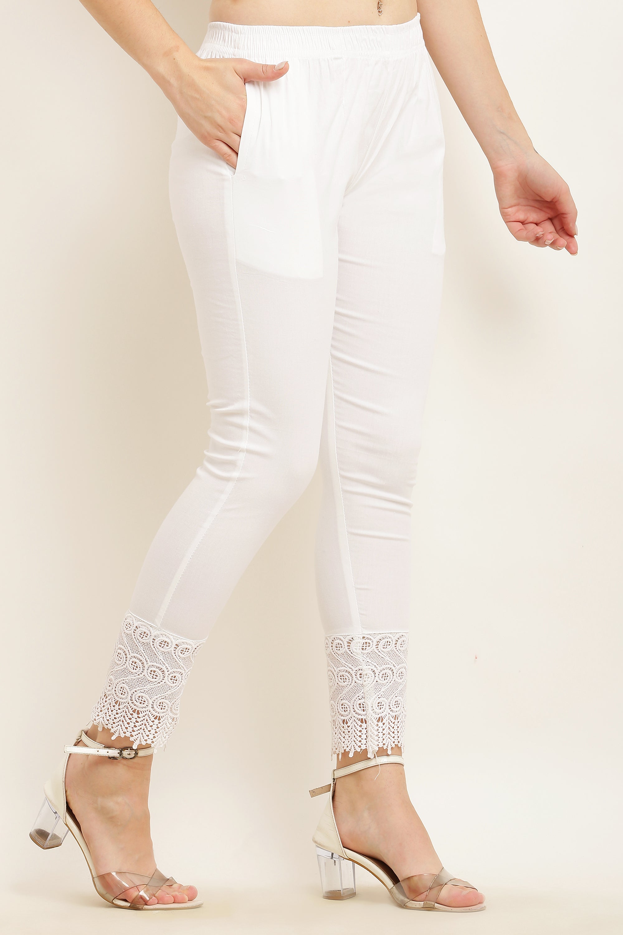 PAVONINE White Color S Kirosia Lace Hem Cotton Fabric Palazzo For Women | Grocsy