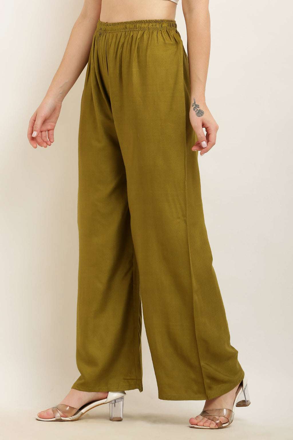 PAVONINE Mehandi Green Color Straight Fit Rayon Fabric Palazzo | Grocsy
