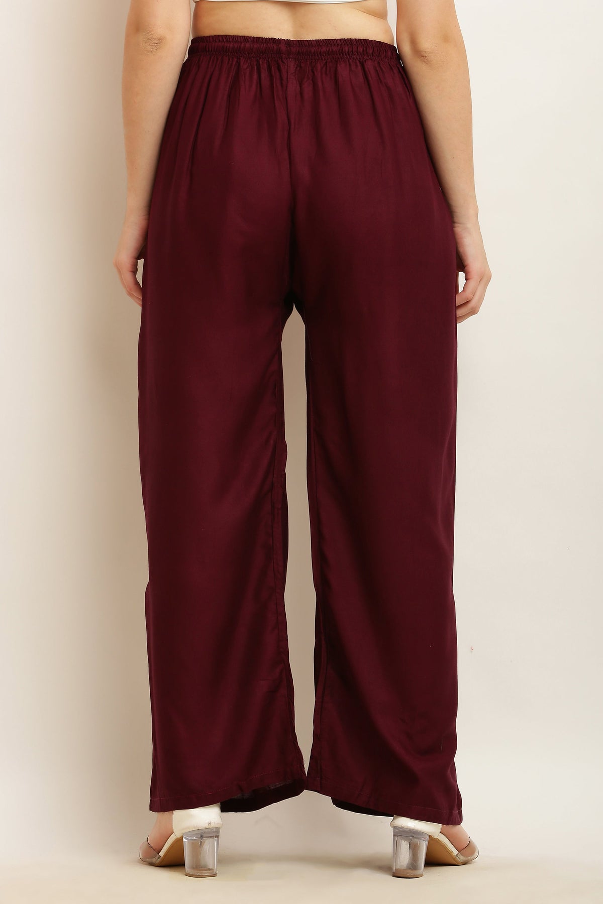 PAVONINE Wine Color Straight Fit Rayon Fabric Palazzo | Grocsy