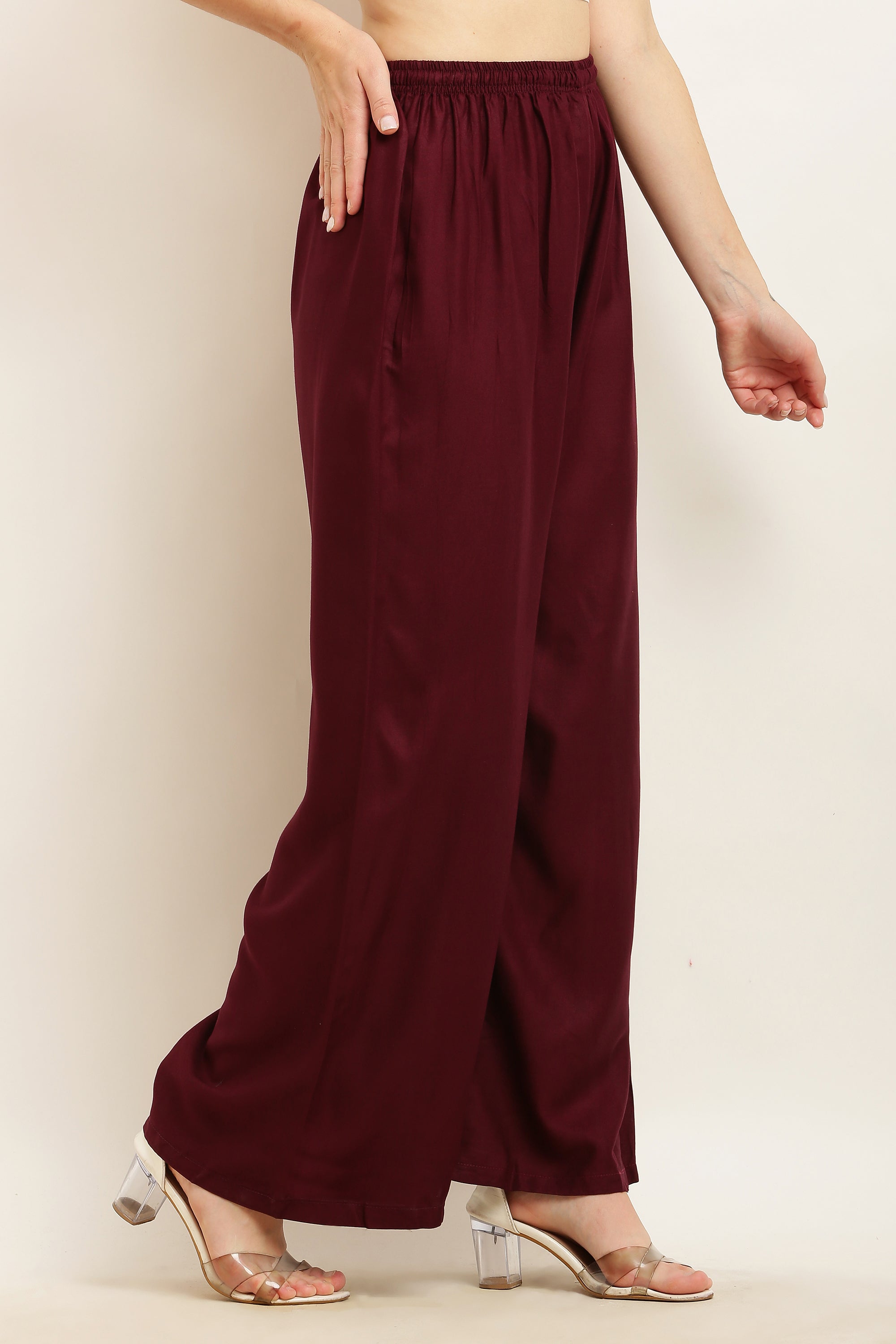 PAVONINE Wine Color Straight Fit Rayon Fabric Palazzo | Grocsy