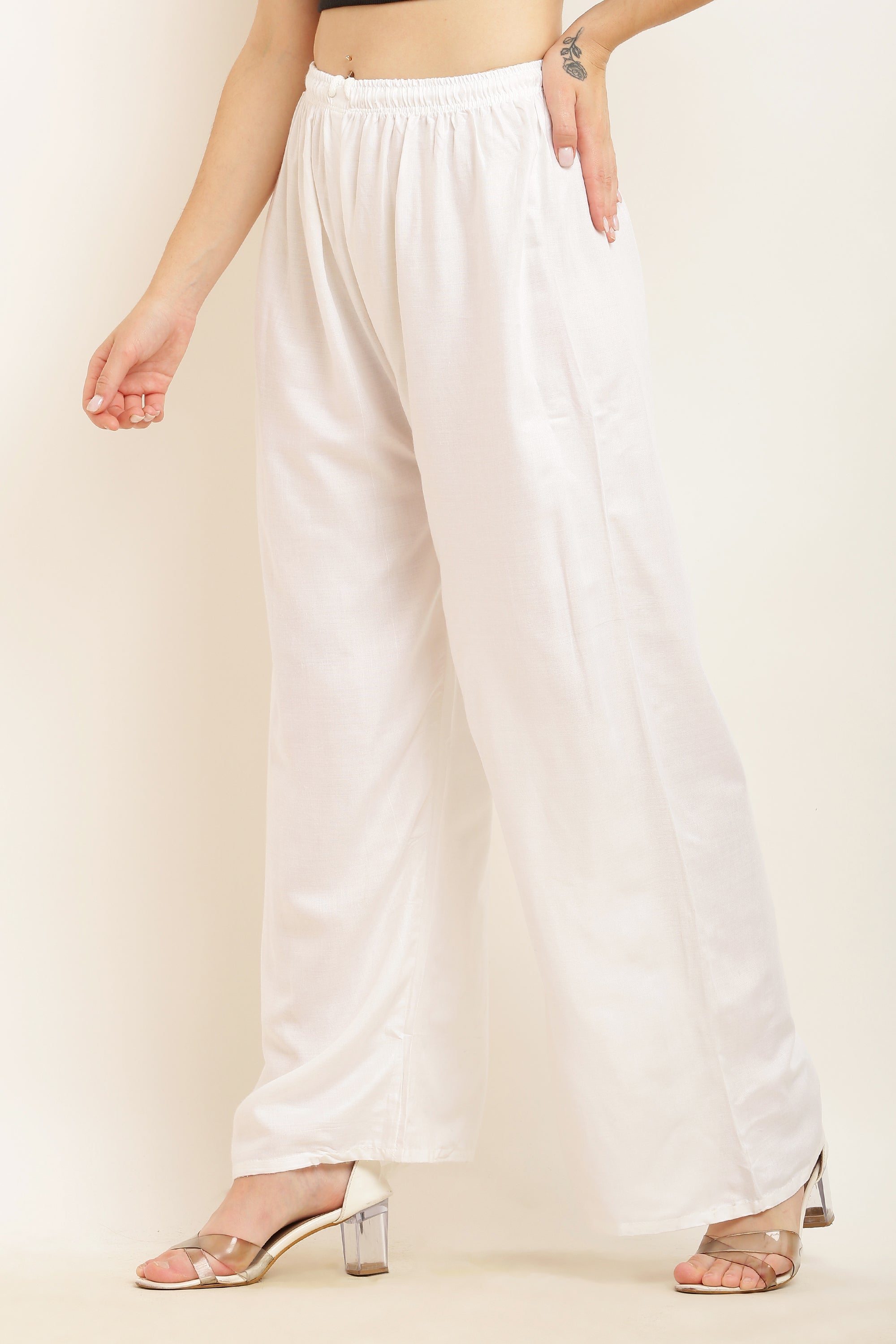 PAVONINE White Color Straight Fit Rayon Fabric Palazzo | Grocsy
