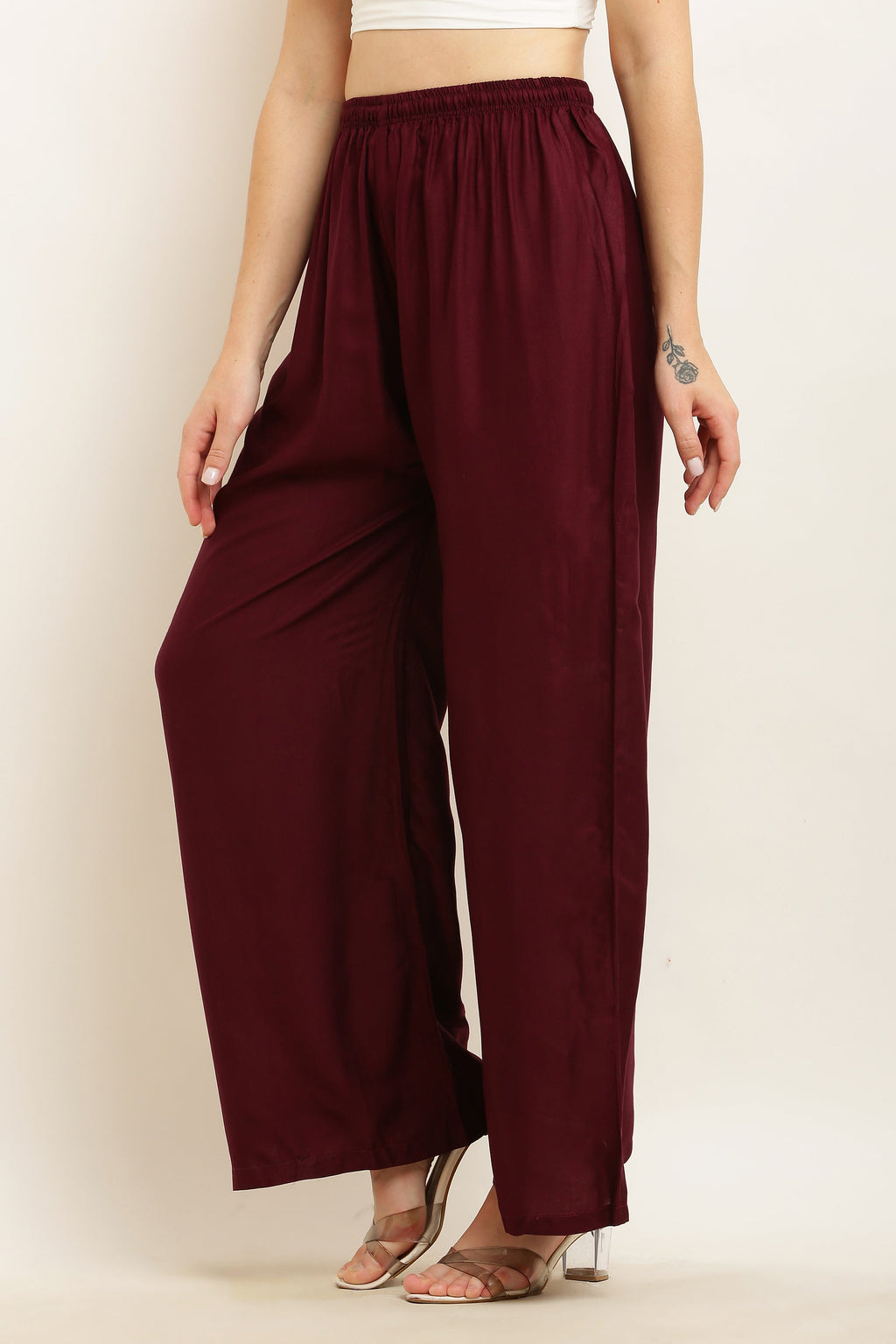 PAVONINE Wine Color Straight Fit Rayon Fabric Palazzo | Grocsy