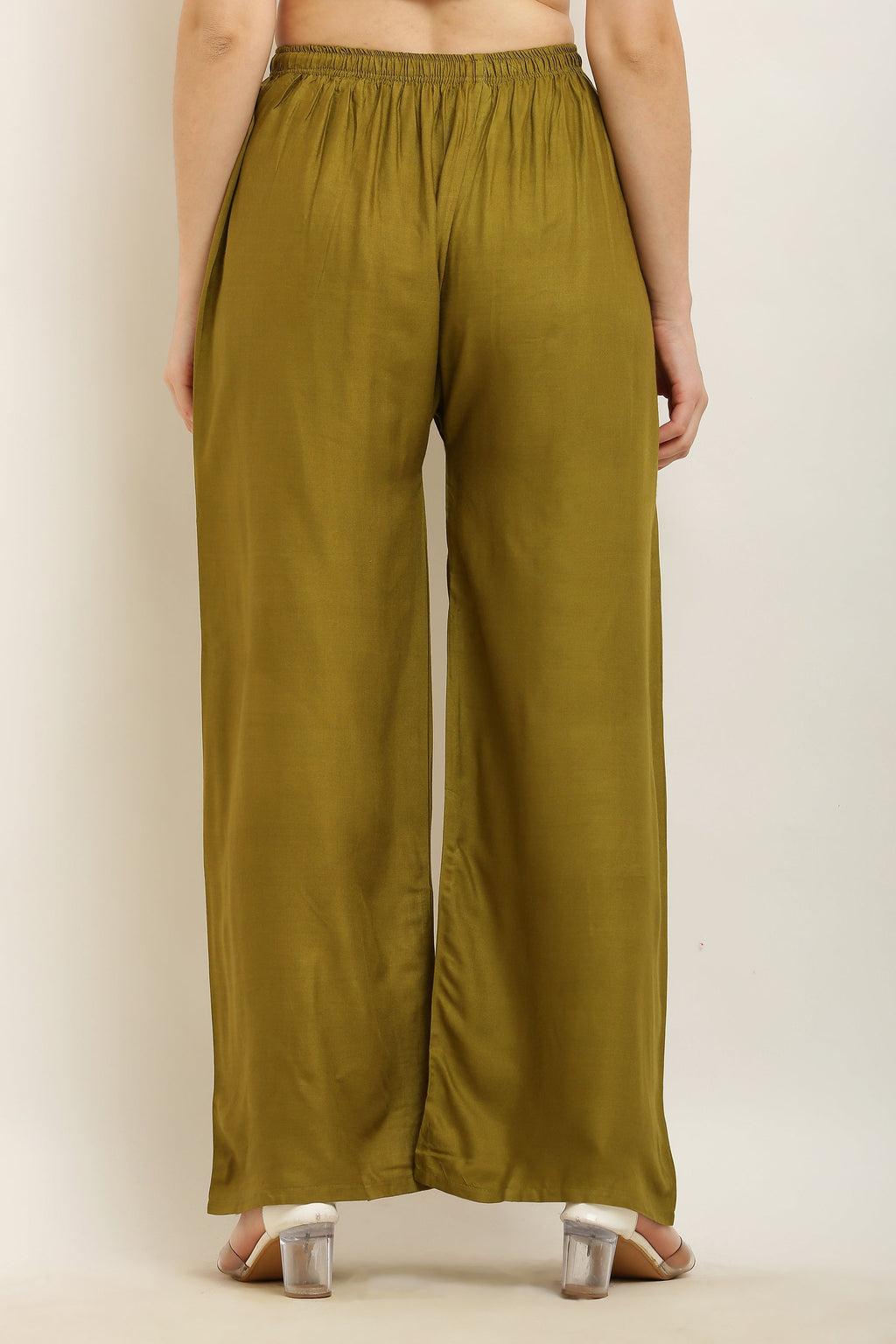 PAVONINE Mehandi Green Color Straight Fit Rayon Fabric Palazzo | Grocsy