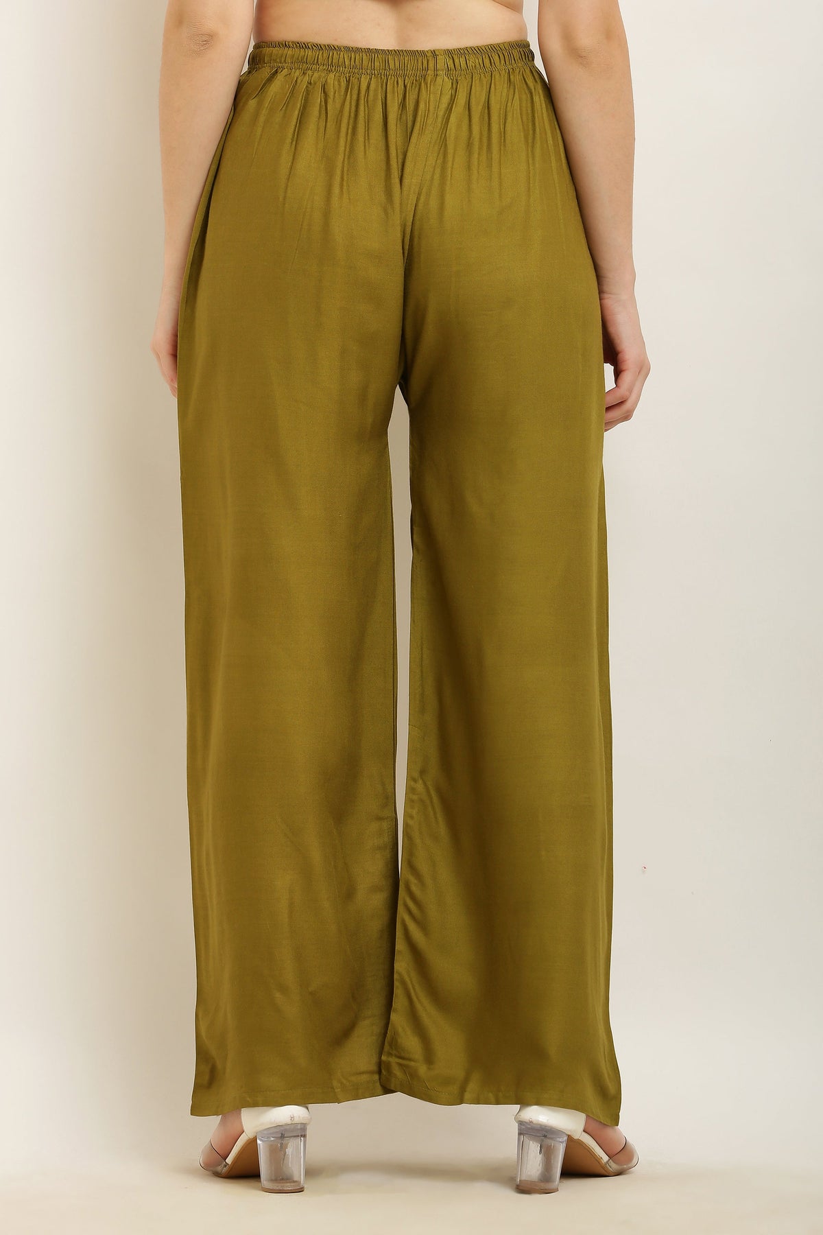 PAVONINE Mehandi Green Color Straight Fit Rayon Fabric Palazzo | Grocsy