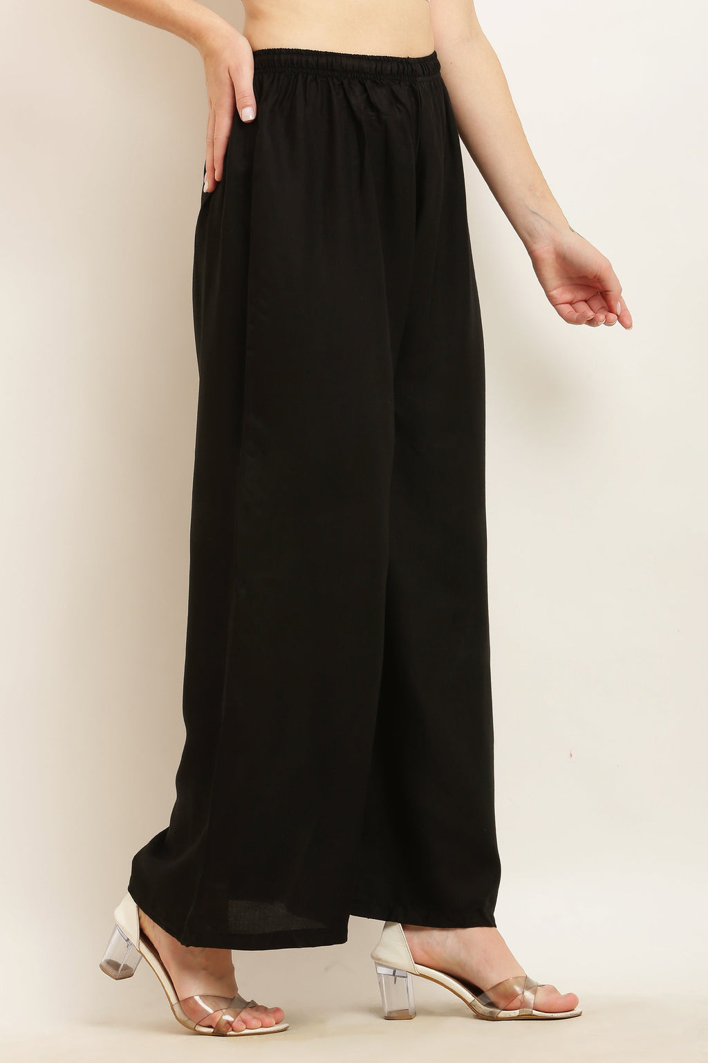 PAVONINE Black Color Straight Fit Rayon Fabric Palazzo | Grocsy