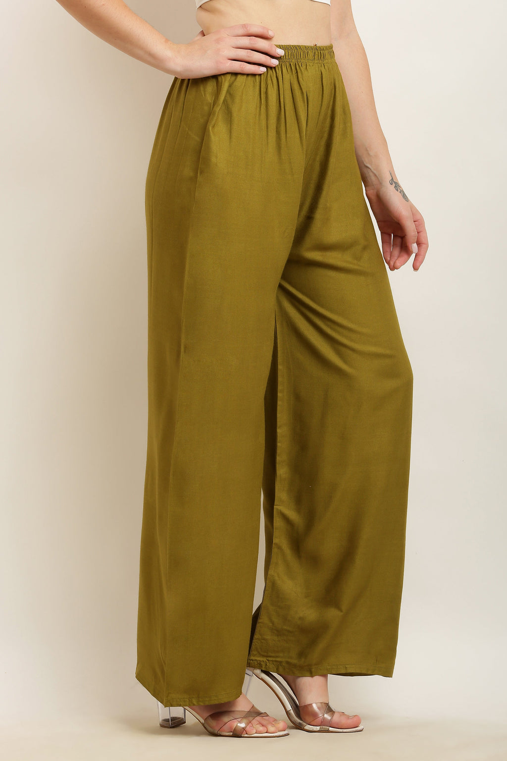 PAVONINE Mehandi Green Color Straight Fit Rayon Fabric Palazzo | Grocsy
