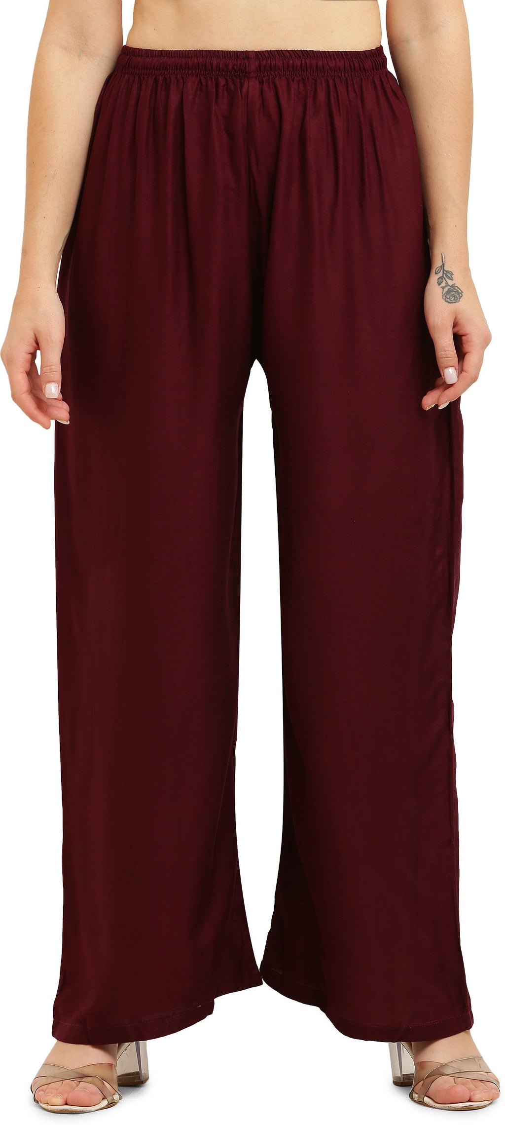 PAVONINE Wine Color Straight Fit Rayon Fabric Palazzo | Grocsy