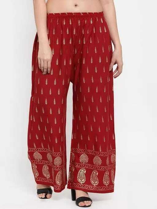 PAVONINE Maroon Color Rayon Fabric Bhutta Print Palazzo For Women | Grocsy