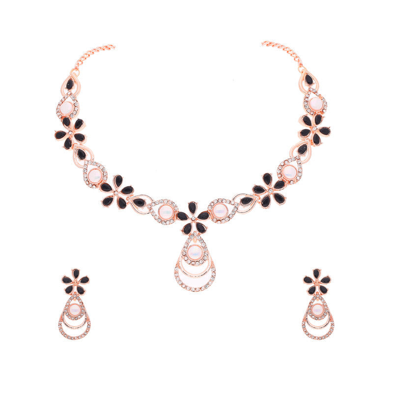Tehzeeb Creations Rose Gold-Polished Black Colour Necklace With Stud | Grocsy