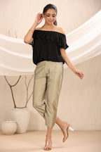 Juniper Beige Solid Silk Slim Fit Pants With a Pocket | Grocsy