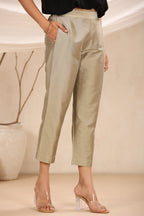 Juniper Beige Solid Silk Slim Fit Pants With a Pocket | Grocsy