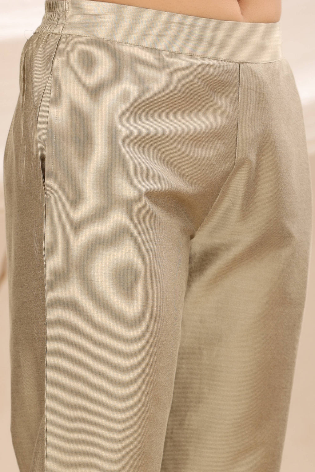 Juniper Beige Solid Silk Slim Fit Pants With a Pocket | Grocsy