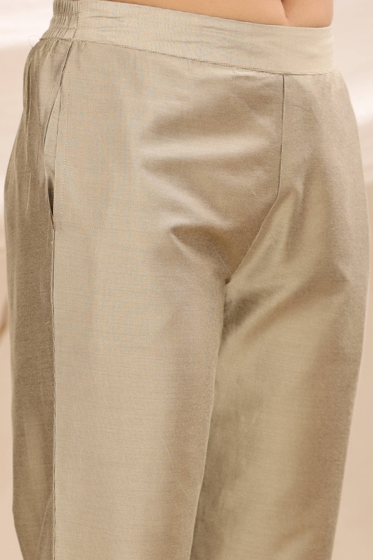 Juniper Beige Solid Silk Slim Fit Pants With a Pocket | Grocsy
