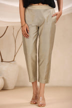 Juniper Beige Solid Silk Slim Fit Pants With a Pocket | Grocsy