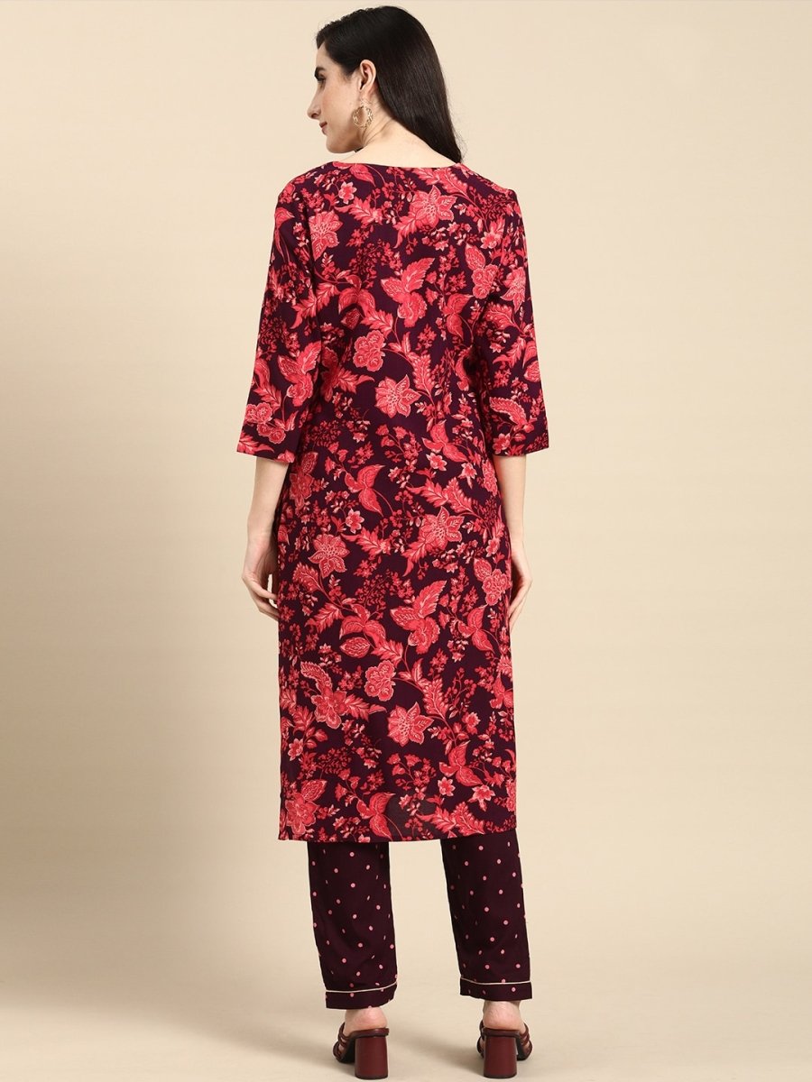 All About You Women Purple & Red Floral Printed Regular Kurta with Trousers | Grocsy