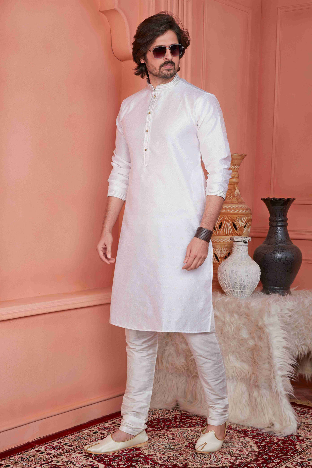 Raivat Ethnic Jacquard Silk Barcode Pintux Work Kurta Pajama In Baby Pink Colour | Grocsy