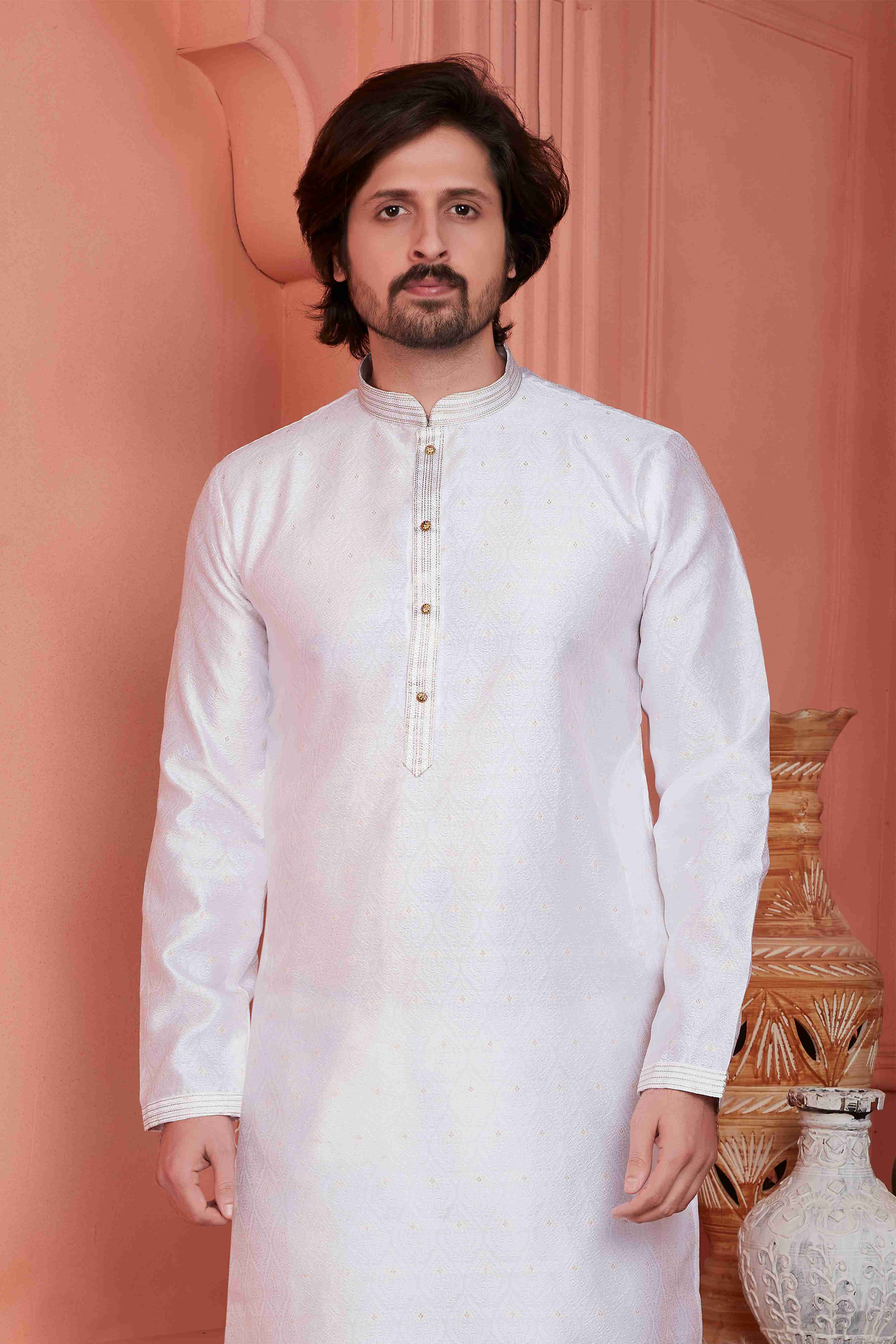Raivat Ethnic Jacquard Silk Barcode Pintux Work Kurta Pajama In Baby Pink Colour | Grocsy