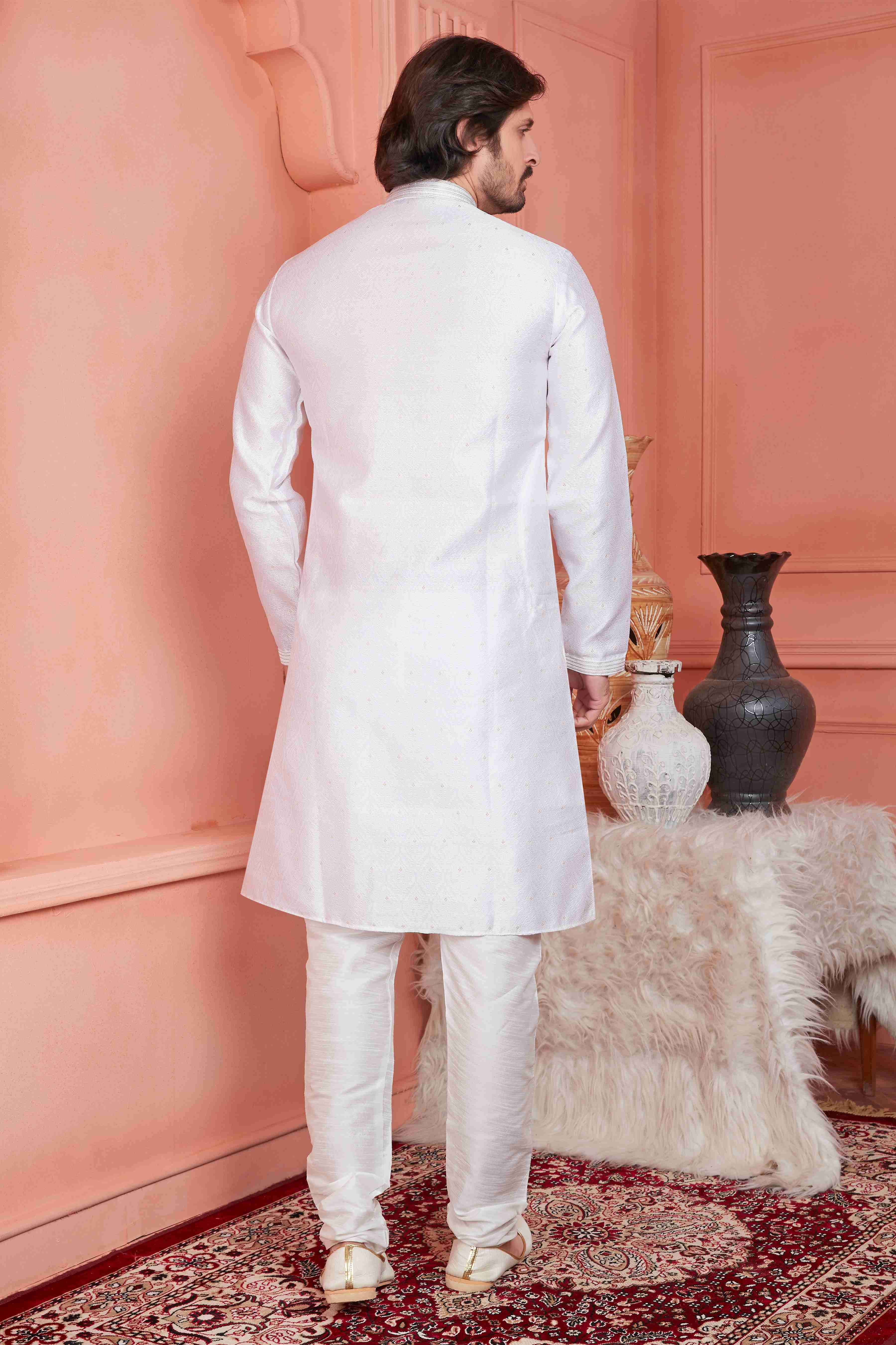 Raivat Ethnic Jacquard Silk Barcode Pintux Work Kurta Pajama In Baby Pink Colour | Grocsy