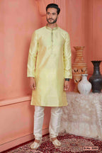 Raivat Ethnic Jacquard Banarasi Silk Pintux Work Kurta Pajama In Yellow Colour | Grocsy