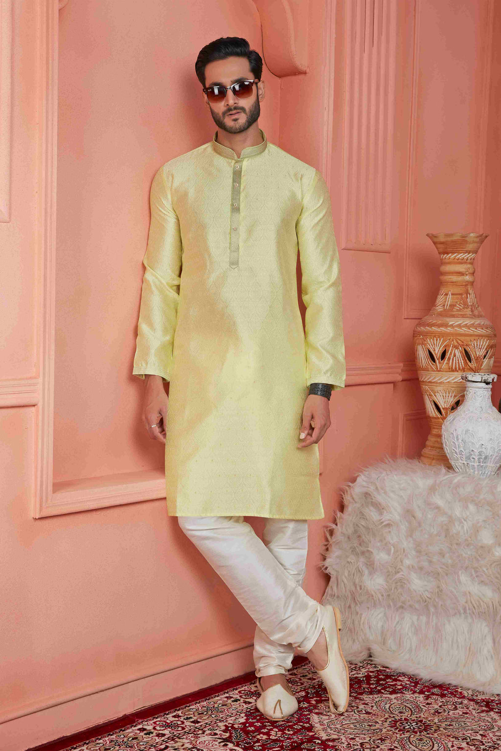 Raivat Ethnic Jacquard Banarasi Silk Pintux Work Kurta Pajama In Yellow Colour | Grocsy