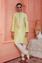 Raivat Ethnic Jacquard Banarasi Silk Pintux Work Kurta Pajama In Yellow Colour | Grocsy