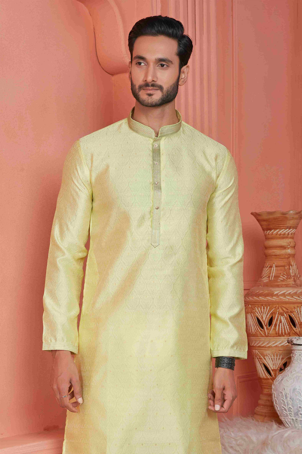 Raivat Ethnic Jacquard Banarasi Silk Pintux Work Kurta Pajama In Yellow Colour | Grocsy
