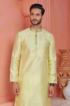 Raivat Ethnic Jacquard Banarasi Silk Pintux Work Kurta Pajama In Yellow Colour | Grocsy