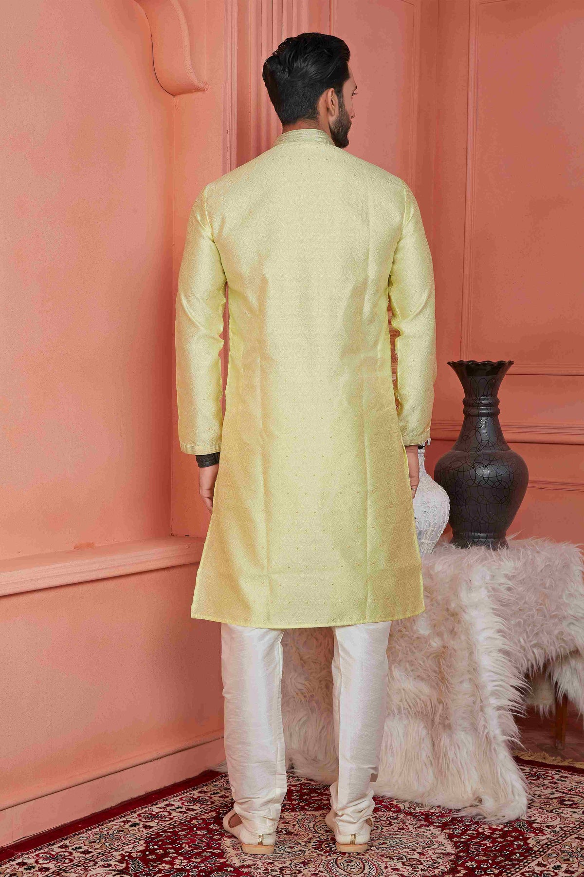 Raivat Ethnic Jacquard Banarasi Silk Pintux Work Kurta Pajama In Yellow Colour | Grocsy