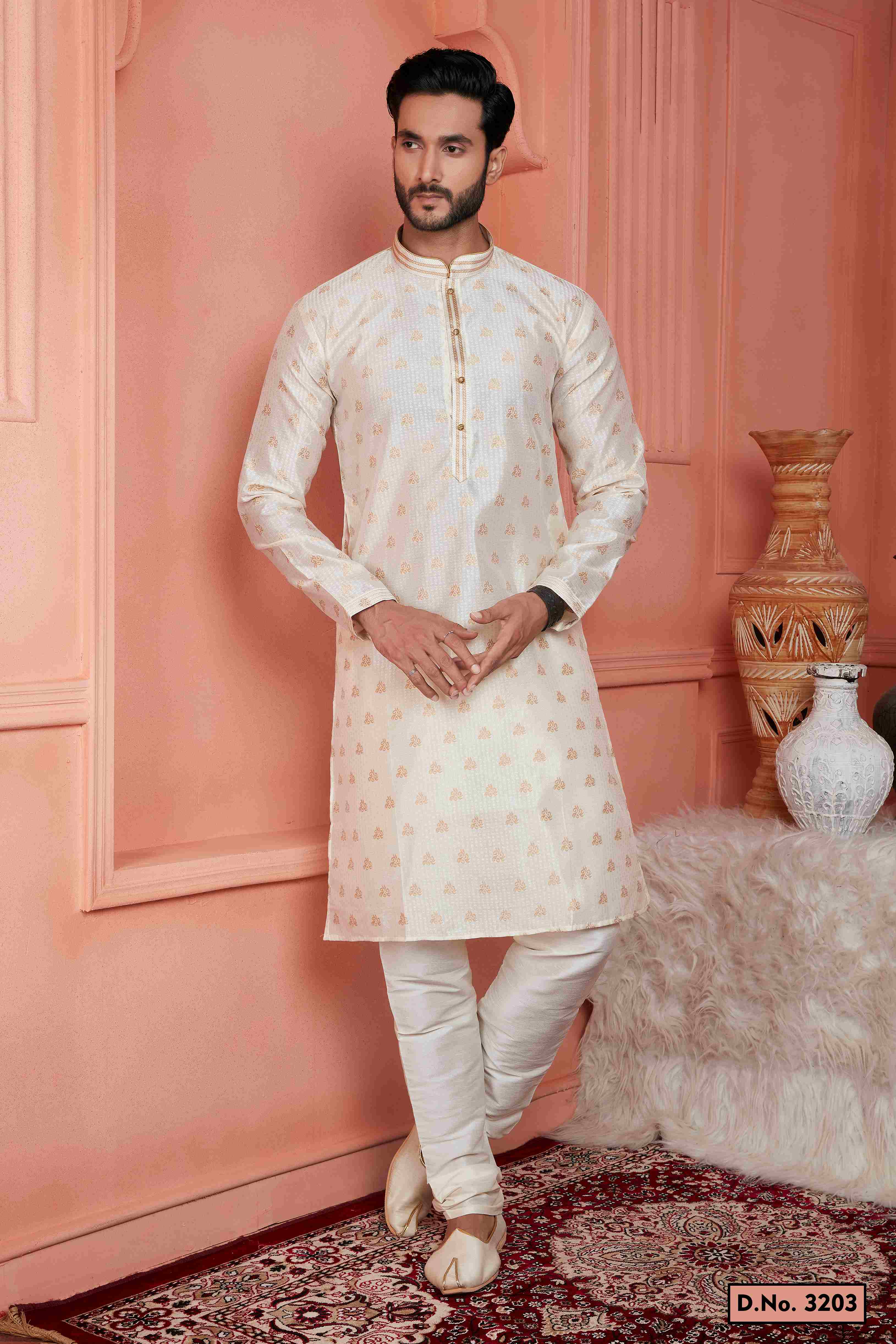Raivat Ethnic Jacquard Banarasi Silk Pintux Work Kurta Pajama In Cream Colour | Grocsy