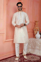 Raivat Ethnic Jacquard Banarasi Silk Pintux Work Kurta Pajama In Cream Colour | Grocsy