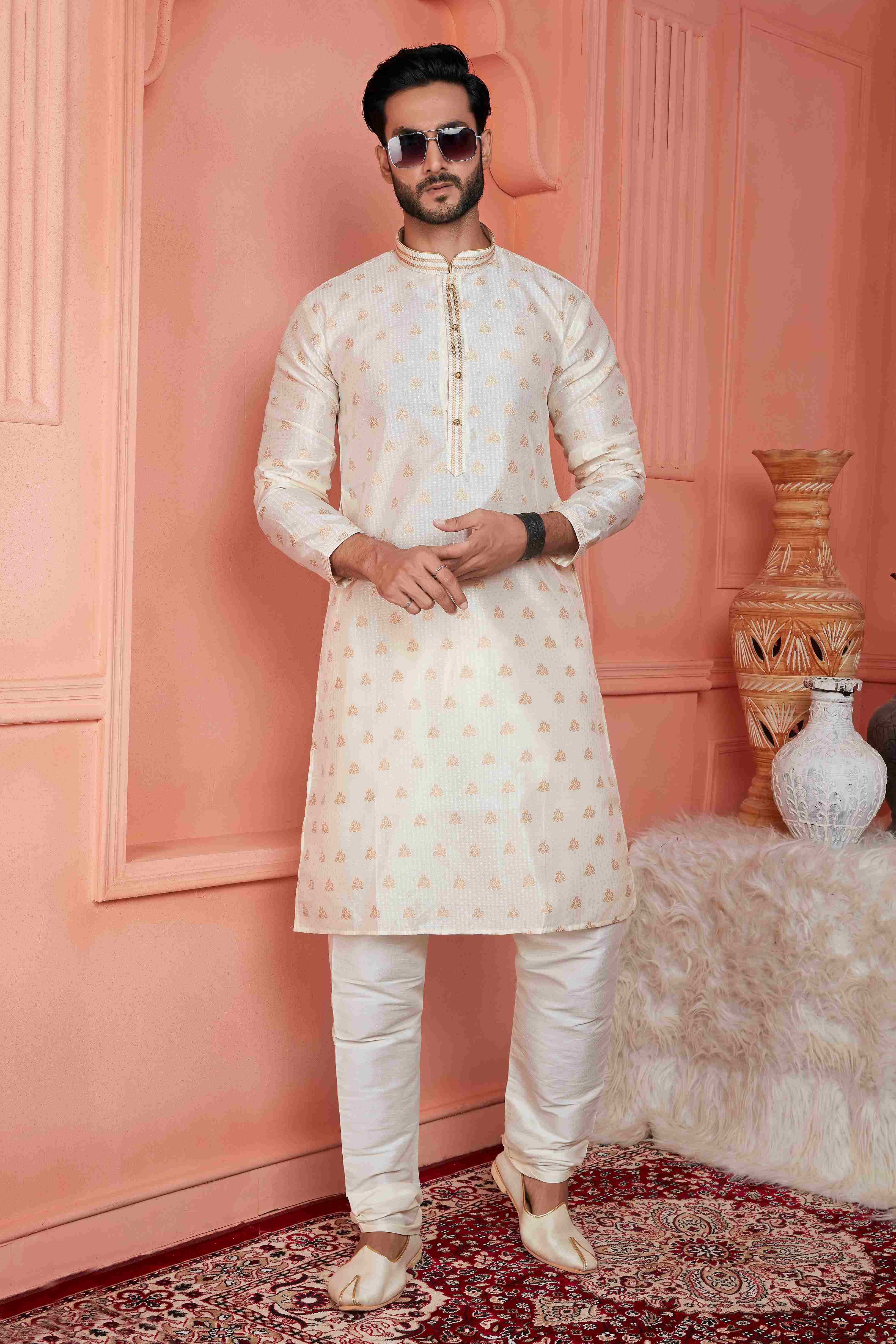 Raivat Ethnic Jacquard Banarasi Silk Pintux Work Kurta Pajama In Cream Colour | Grocsy